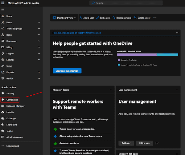 Microsoft Purview screen with indicator for Compliance link. First step in creating a SharePoint retention policy.