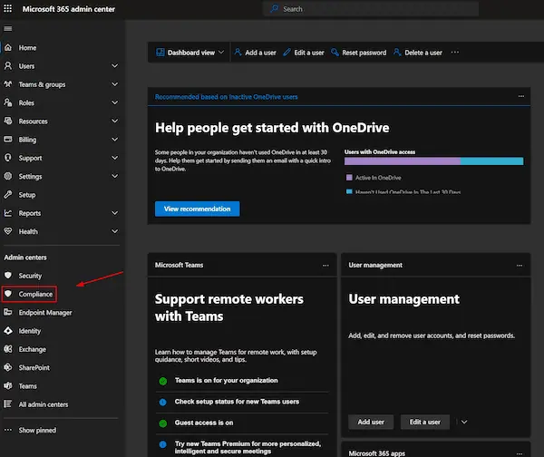 Microsoft Purview screen with indicator for Compliance link. First step in creating a SharePoint retention policy.