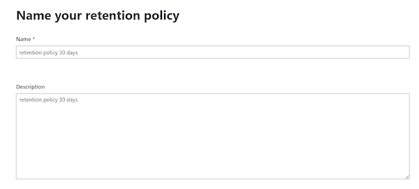 Screenshot of Name your retention policy in Microsoft Purview. Step 4 in creating a SharePoint retention policy.