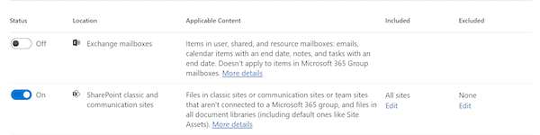 Screenshot of turning on the retention policy in Microsoft Purview. Step 6 in creating a SharePoint retention policy.