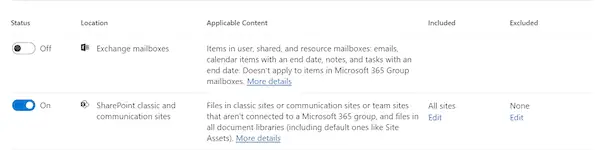 Screenshot of turning on the retention policy in Microsoft Purview. Step 6 in creating a SharePoint retention policy.