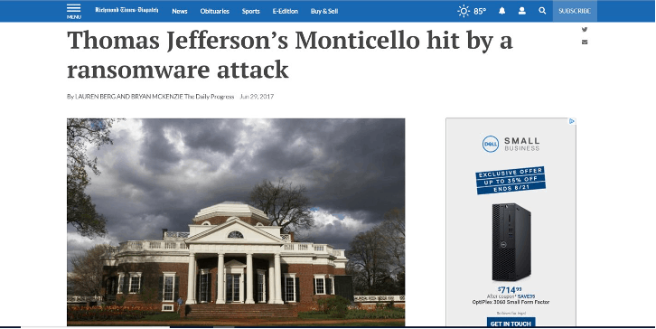News article describing ransomware attack at Monticello