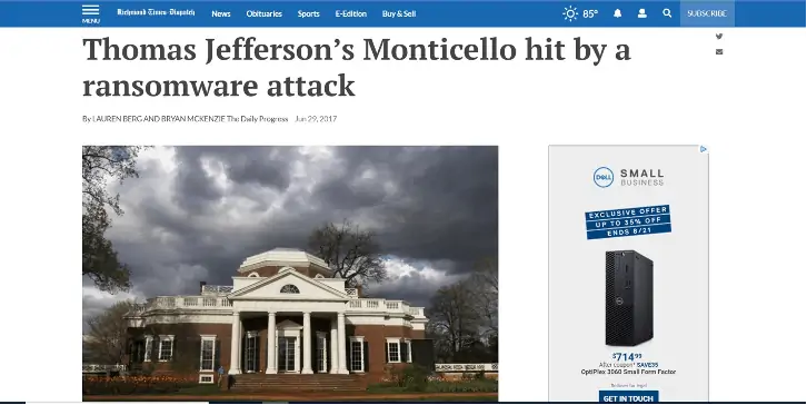 News article describing ransomware attack at Monticello