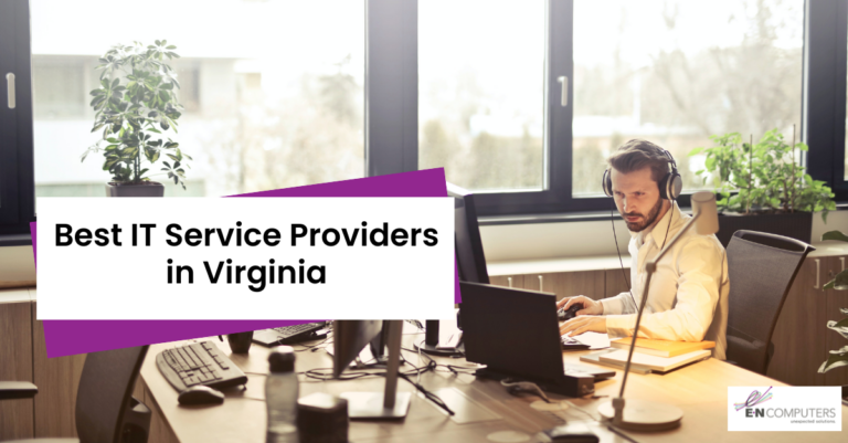 Title card "Best IT Service Providers in Virginia" with background of man with headset sitting at a computer