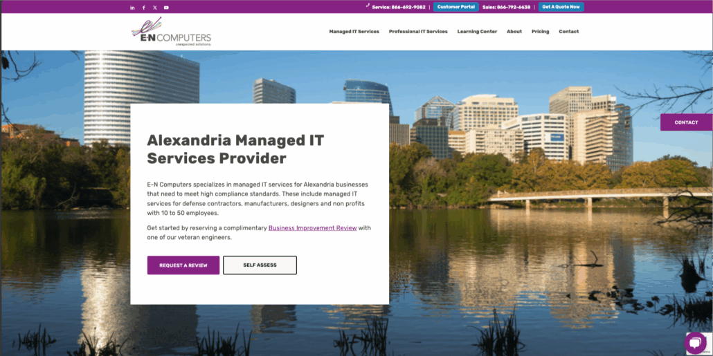 Screenshot of E-N Computers Alexandria location page in 2025. One of the best IT providers in Virginia.