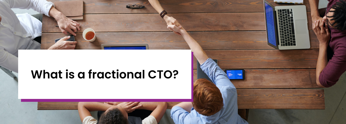 Title card: "What is a fractional CTO?" Background is six people around table with two shaking hands across the table.