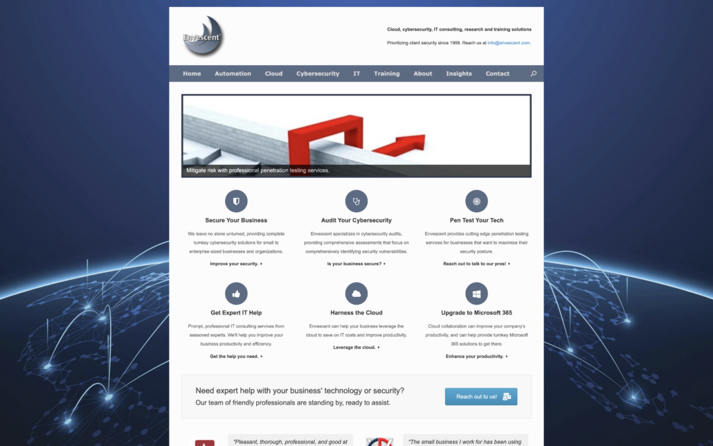 Screenshot of envescent.com - best cybersecurity consultants in Washington, D.C. for small businesses with Unix/Linux systems