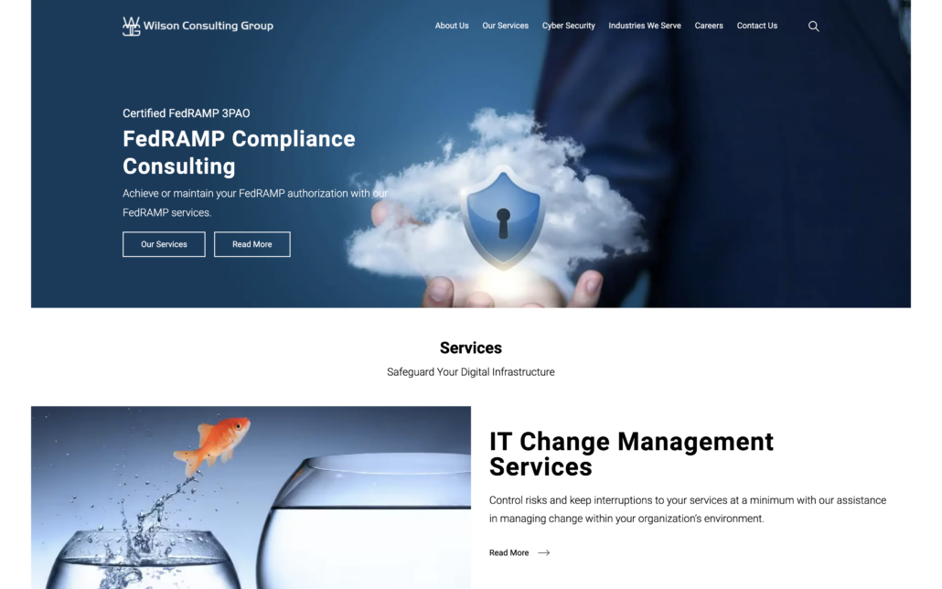 Screenshot of wilsoncgrp.com homepage - best cybersecurity consultants in Washington, D.C. for small businesses with FedRAMP requirements