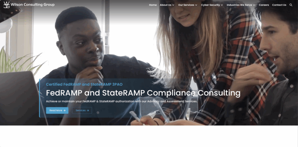 Screenshot of wilsoncgrp.com homepage - best cybersecurity consultants in Washington, D.C. for small businesses with FedRAMP requirements