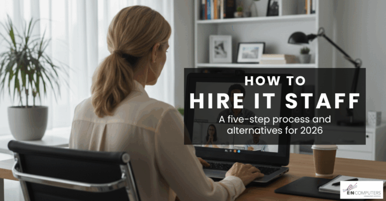 "How to hire IT staff - A five-step process and alternatives for 2026". Background is a woman conducting a virtual interview.