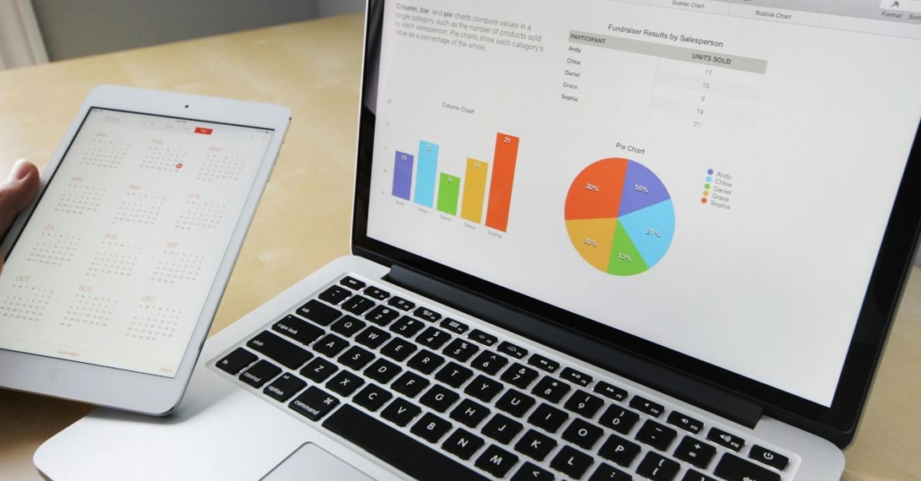 IT cost management case study - laptop screen showing bar and pie charts