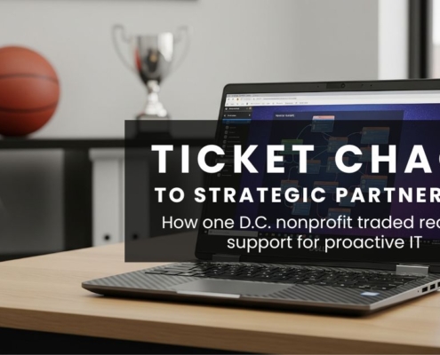 Dell laptop on an office desk, with a basketball and silver trophy in the blurred backgroud. Text: Ticket chaos to strategic partnership - How one D.C. nonprofit traded reactive support for proactive IT. AI generated image.