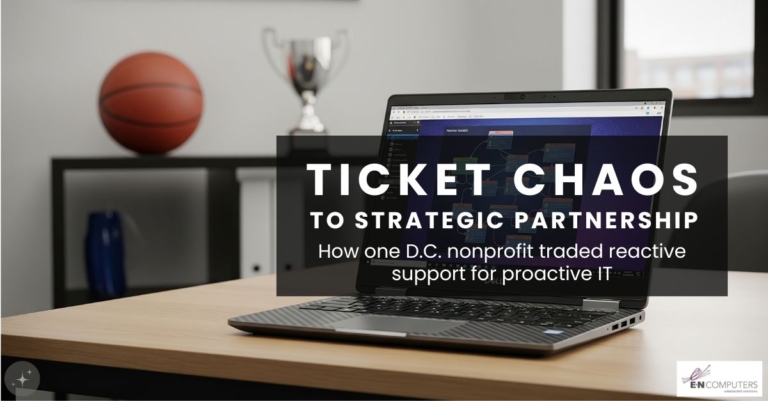 Dell laptop on an office desk, with a basketball and silver trophy in the blurred backgroud. Text: Ticket chaos to strategic partnership - How one D.C. nonprofit traded reactive support for proactive IT. AI generated image.
