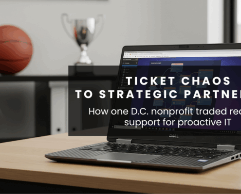 Dell laptop on an office desk, with a basketball and silver trophy in the blurred backgroud. Text: Ticket chaos to strategic partnership - How one D.C. nonprofit traded reactive support for proactive IT. AI generated image.