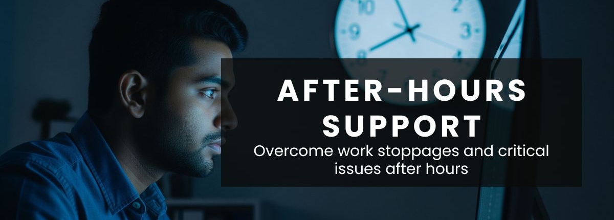 After hours support A focused IT professional works at a computer in a dimly lit office in the evening, near 8pm. Overlaying the image is a black rectangular box containing white text that reads "AFTER-HOURS SUPPORT" in large, bold letters, followed by "Overcome work stoppages and critical issues after hours" in smaller text. In the bottom right corner, a logo for E-N COMPUTERS is visible.