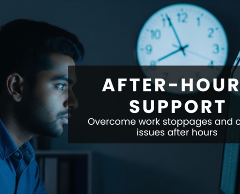 A focused IT professional works at a computer in a dimly lit office in the evening, near 8pm. Overlaying the image is a black rectangular box containing white text that reads "AFTER-HOURS SUPPORT" in large, bold letters, followed by "Overcome work stoppages and critical issues after hours" in smaller text. In the bottom right corner, a logo for E-N COMPUTERS is visible.