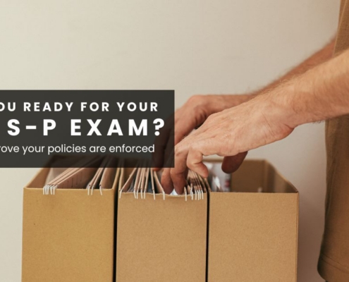 Title text: Ready for your Reg S-P exam? Prove that your policies are enforced. Background shows a man looking through hanging file boxes.